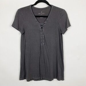 American Eagle Soft & Sexy Gray Lace Up SS‎ Knit Top Tee Women S